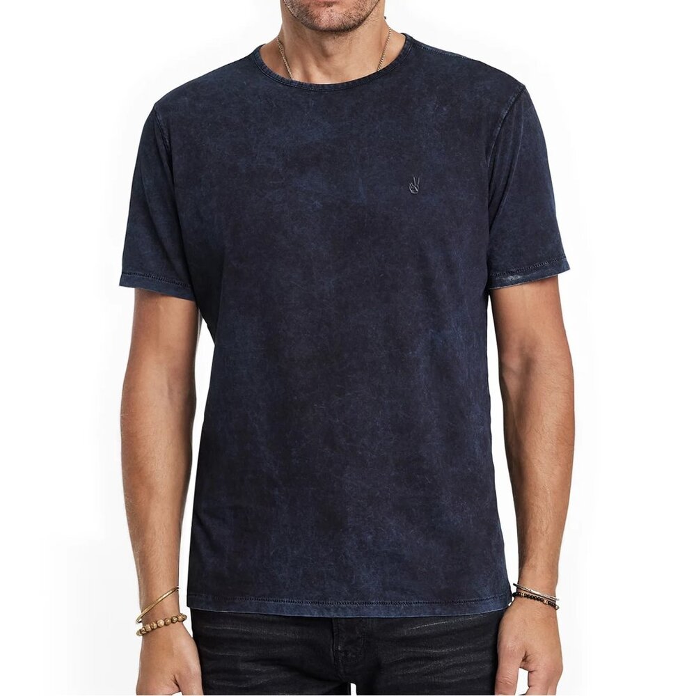 John Varvatos Mens Size S Oiled Blue Gould Spray Wash Peace Tee NWT MSRP 98